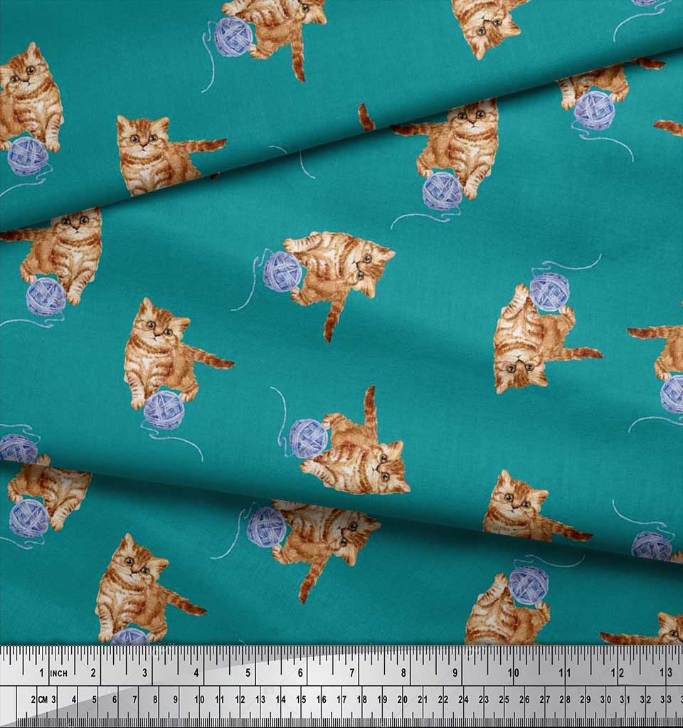 Soimoi Japan Crepe Satin Fabric Wool & Cat Animal Print Fabric by the Metre 42 Inch