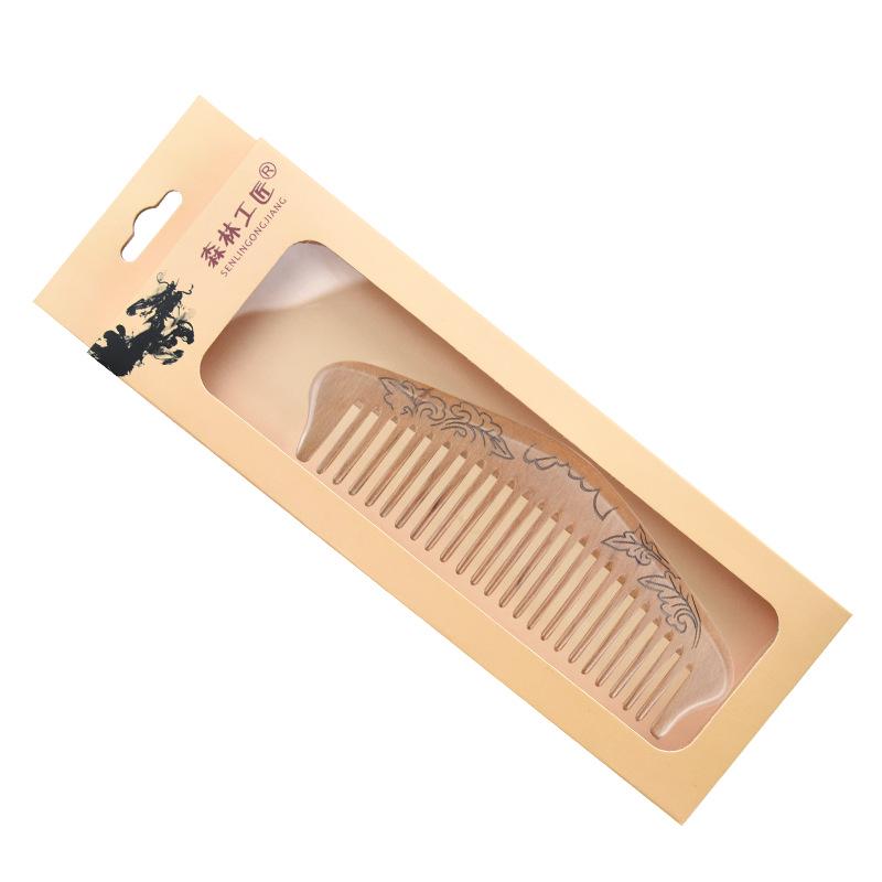 Peach Wood Carved Comb with Fine and Medium Teeth - Handleless, Floral Design