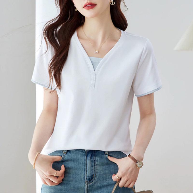 V-Neck Short-Sleeve T-Shirt for Women: Stylish Summer Loose Fit, Perfect for Middle-Aged Moms
