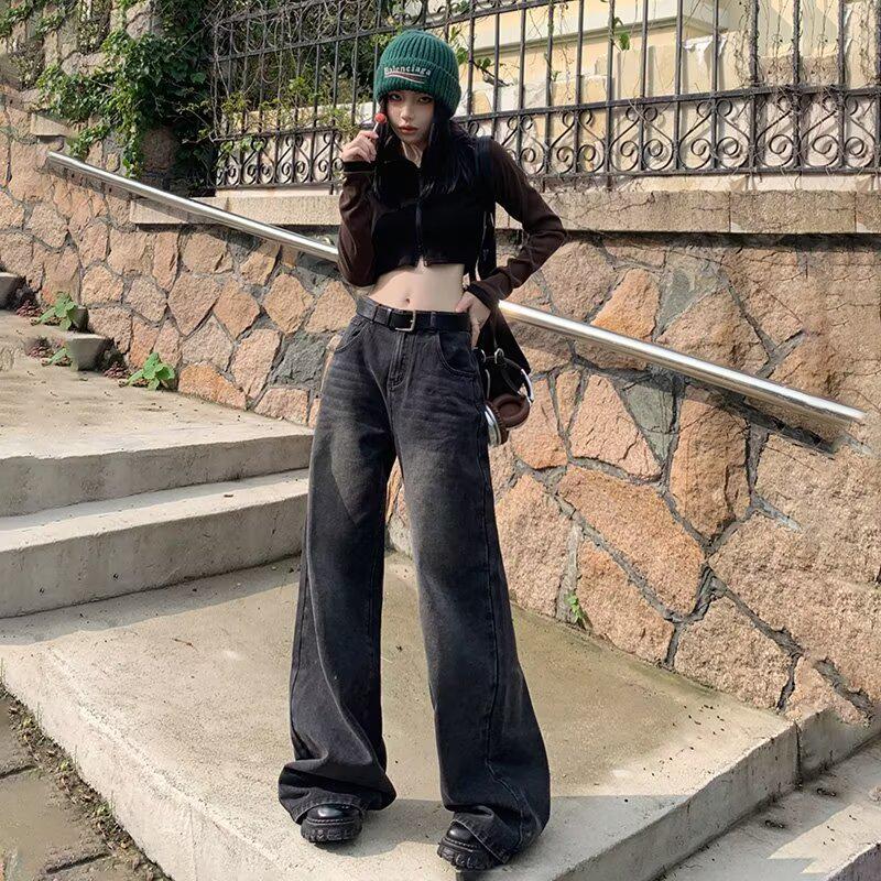 American Retro Velvet-Lined Wide-Leg High-Waist Women's Jeans for Autumn & Winter