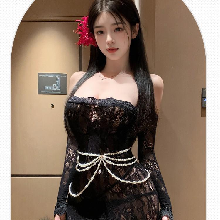 One-sleeved tube top see-through mesh wrap hip skirt can be torn and tempting, mesh slim qqny free nightdress women