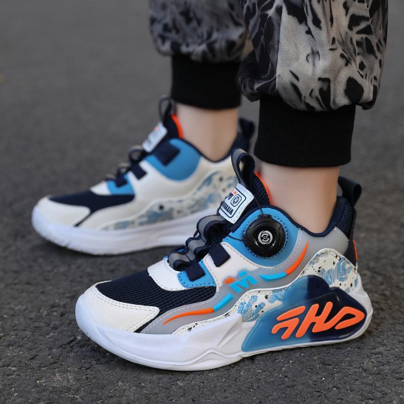 Autumn leather new children's sports shoes, boys and girls breathable rotating buckle sports running shoes shock absorption and non-slip