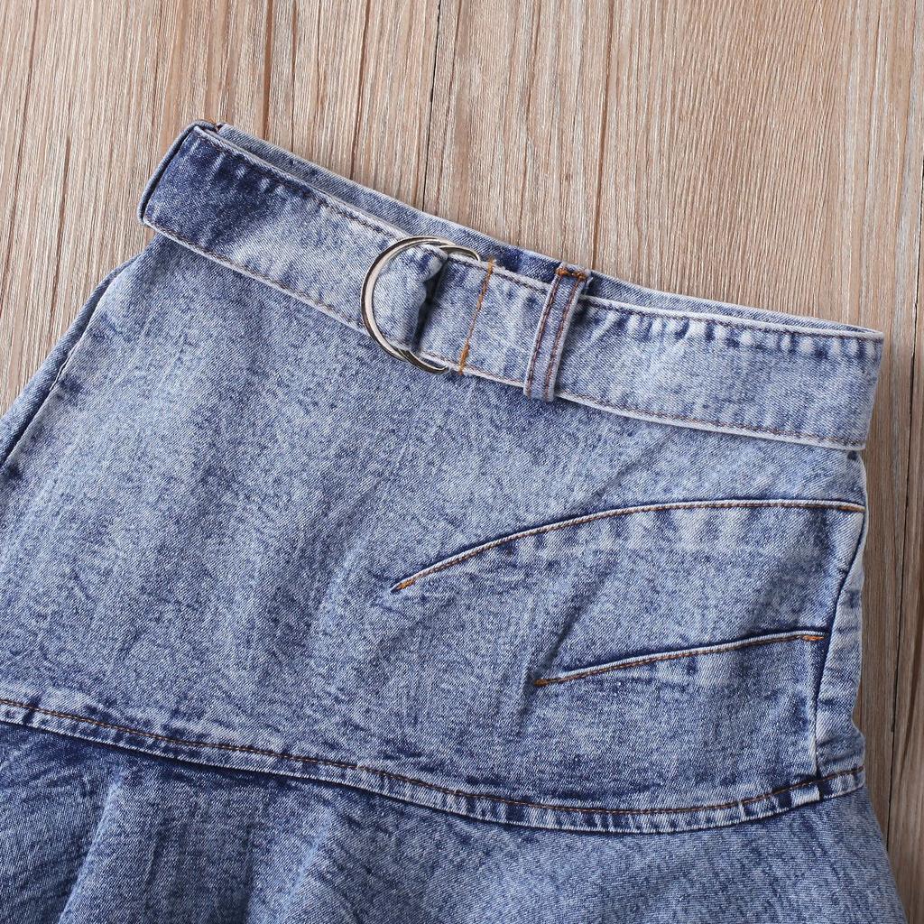 Girls' Fashion Set, Summer Children's Casual Solid-color Sleeveless Top, Denim Pleated Skirt Set