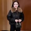 Women's Petite Loose Fit Leather Jacket Coat with Removable Large Fur Collar, Fleece-Lined, Short Style, Thickened, Winter 2025 New Arrival.
