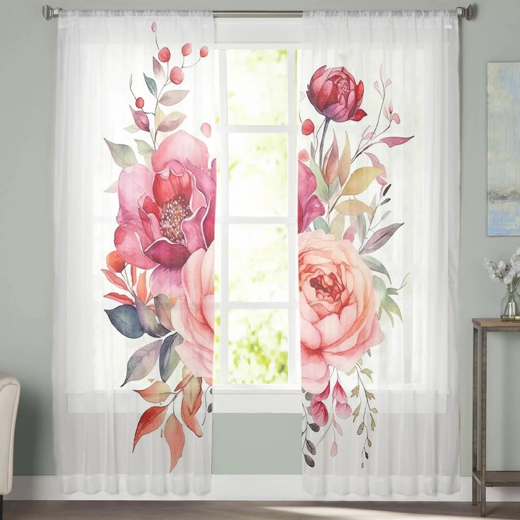 Peony Flower Leaves Tulle Curtains For Living Room Sheer Curtain For Bedroom Window Blinds Voile Curtains