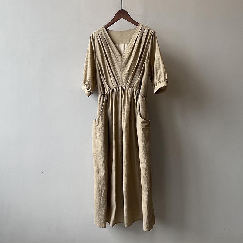 Vintage V-neck Pleated Dress Summer Women's Temperament Tie Waist Mid-length Dress