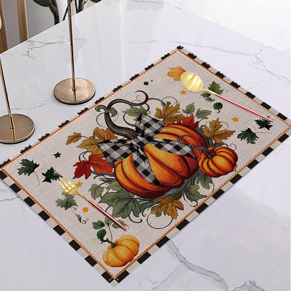 Fall Harvest Table Mat Plaid Pumpkin Gnome Maple Leaf Placemat for Thanksgiving Dinner Fall Party Holiday Table Home Decor