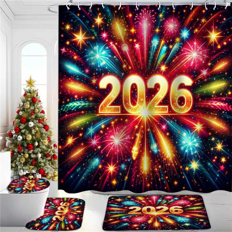 

Christmas Shower Curtain Bath Sets Waterproof Non-Slip Bathroom Rug Toilet U With 12 Hooks Home Deco W60H190(CM)-1 Pcs
