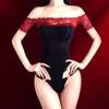 Women Sexy Bodysuit High Fork Crotch Oil Shiny Glossy Underwear 5D Ultra-Thin Lace Off Shoulder See-Through Swimsuit Lingerie