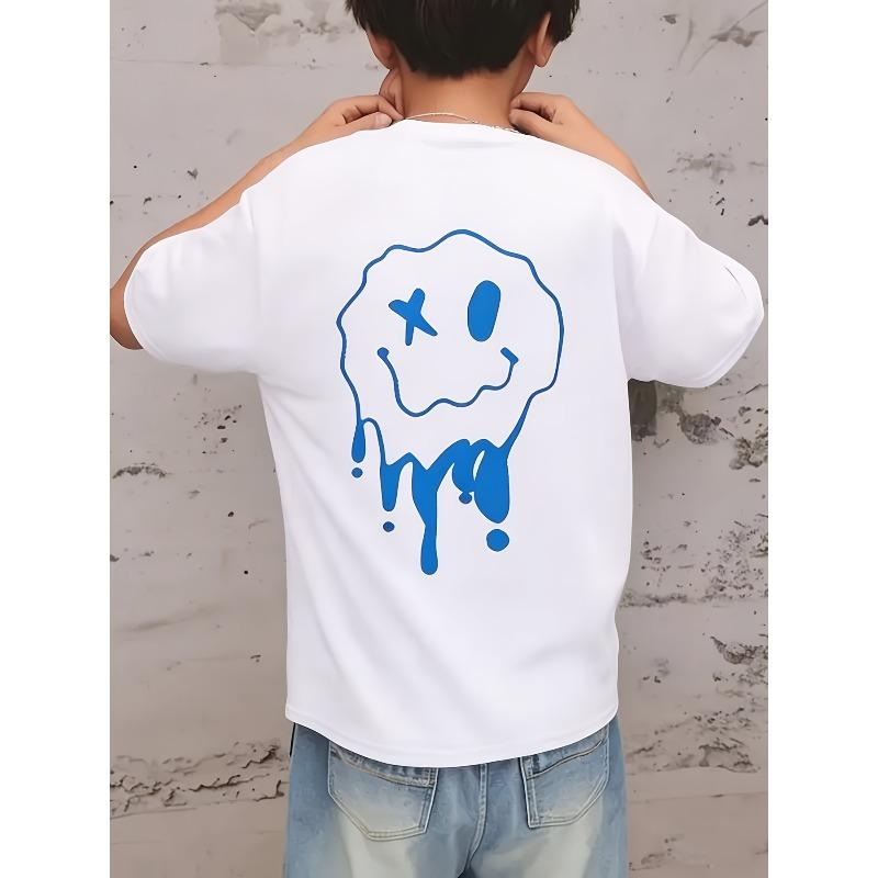 Children Crew Neck Short Sleeve T-Shirt, Street Style with Melting Joy Print 110 белый