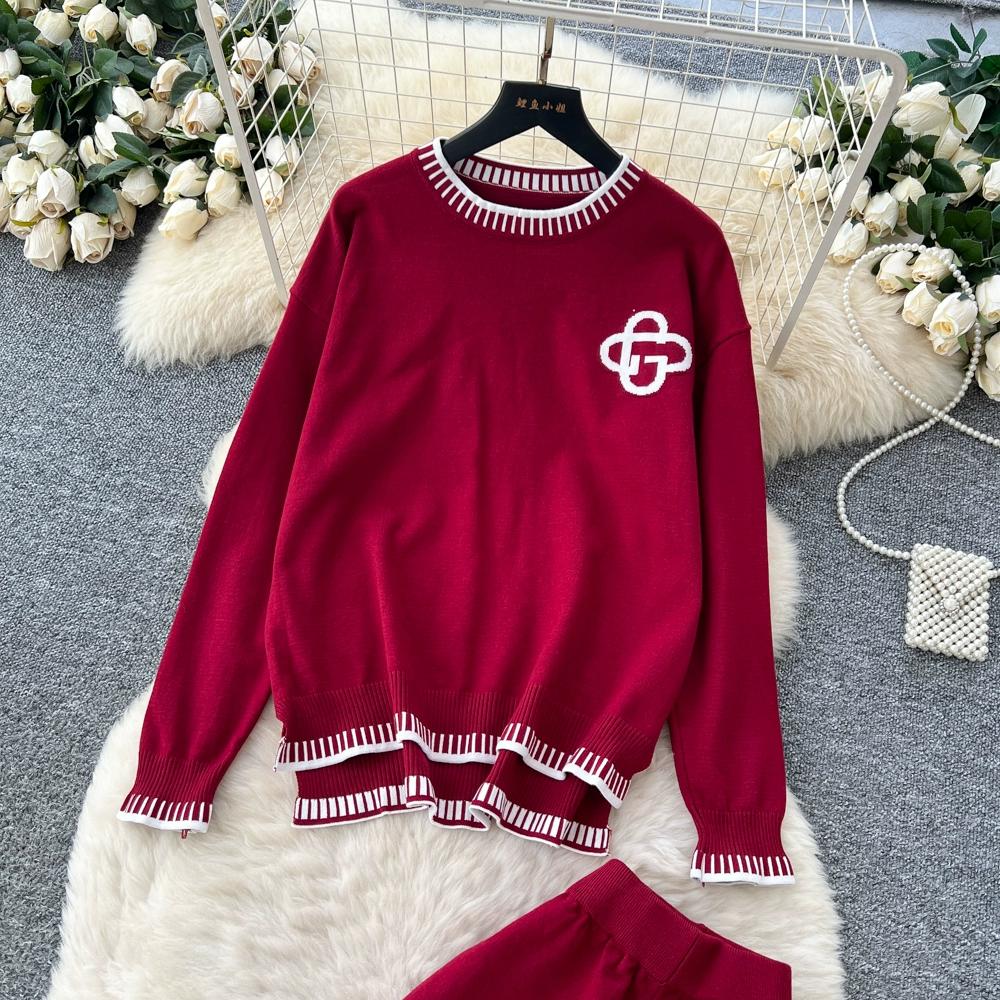 Höst Vinter Dam Casual Stickad Tröja Byxa Tvådelat Set Helärmad Pullover Toppar och Vida Ben Byxor Träningsoverall