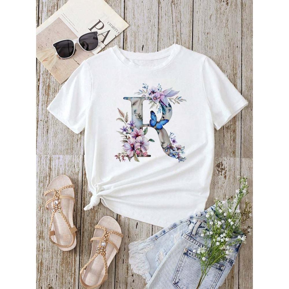 

Модная женская футболка с буквенным сочетанием, с цветочным и бабочковым принтом, с буквенным шрифтом A B C D E F G, топ с коротким рукавом для женщин 6XL
