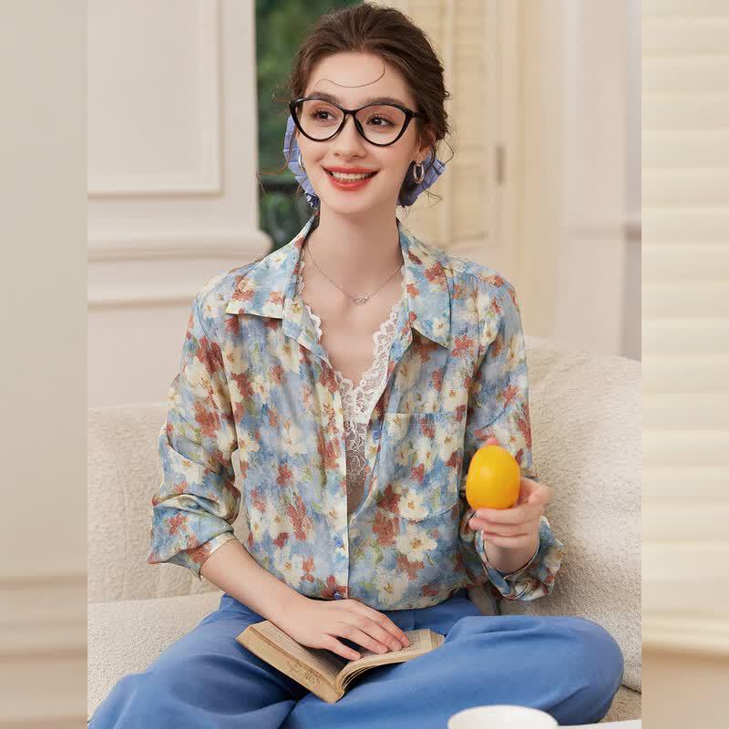 Bailuyu Vintage Floral Print Long Sleeve Shirt M