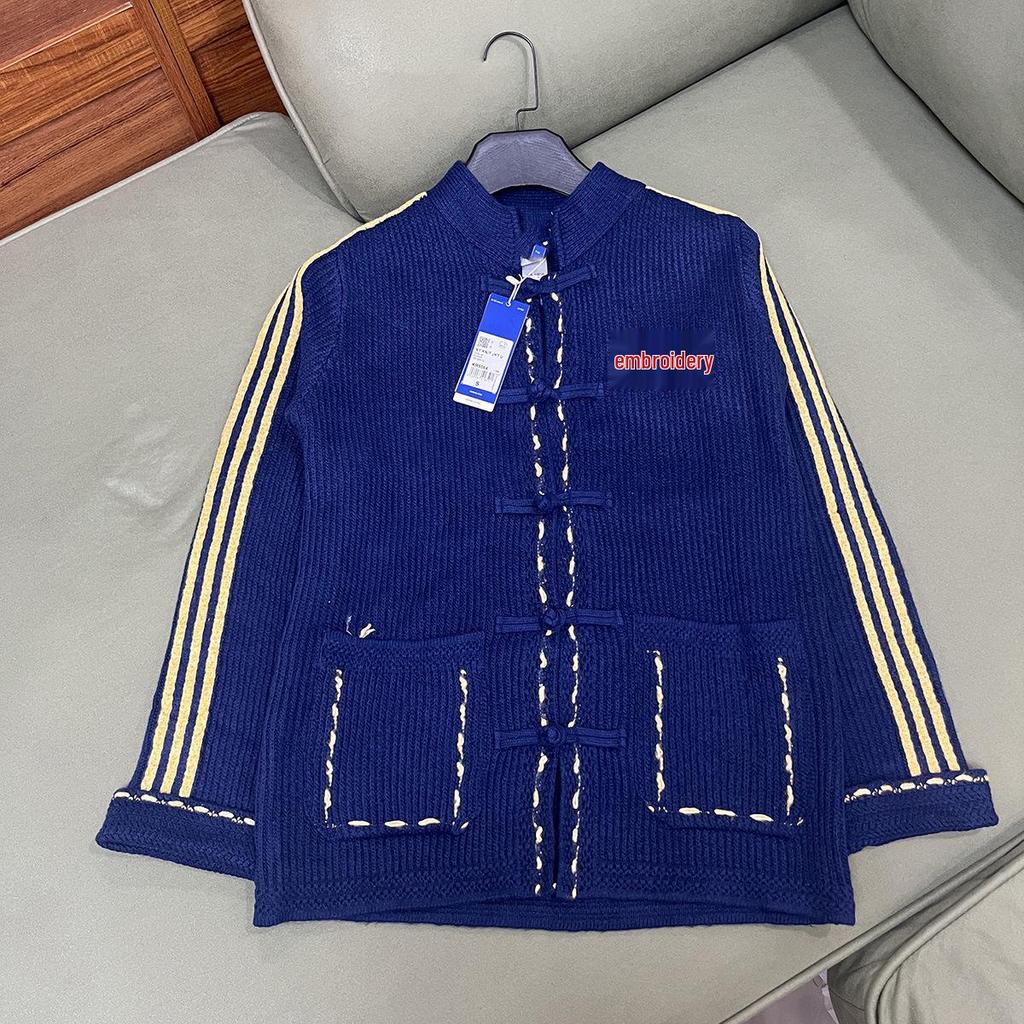 Unisex Tang Suit Sweater: Autumn/Winter Chinese Style with Three Stripes & Frog Button Embroidery
