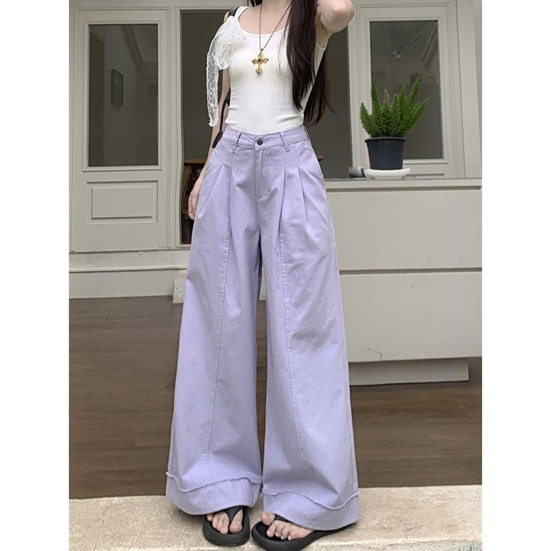 Kumikumi Idle Style Purple Casual Pants Loose Pants Women Fall High Waist Baggy Straight Trousers Mop Pants Pants