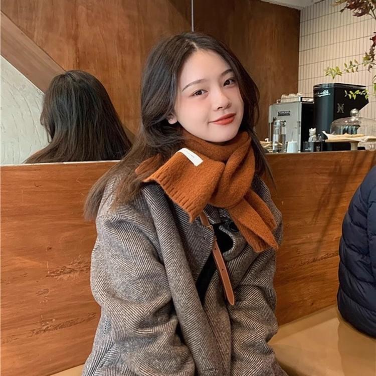 Girl's Whitening Neck Wrap Korean Style Versatile Solid Color Knitted Wool Scarf Labeled Warm Thick