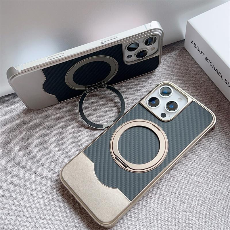 Magnetic Push-Pull 360 Rotate Bracket Metal Phone Case For iPhone 14 15 16 Pro Max Magsafe Carbon Fiber Texture Shockproof Cover