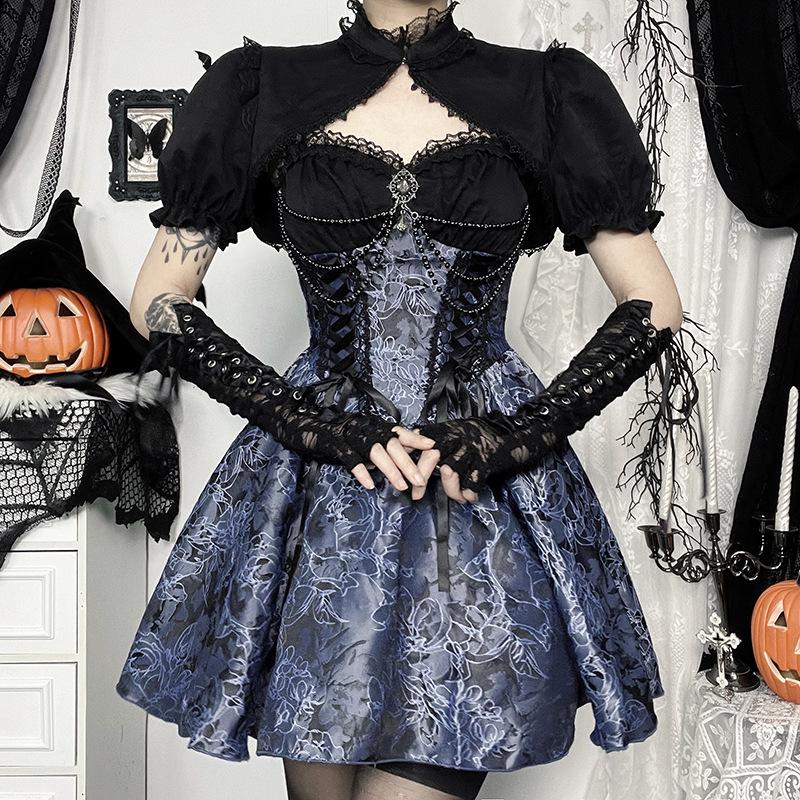 Abito a Fionda Jacquard Bicolore Gotico Dark & Set Cardigan Lolita
