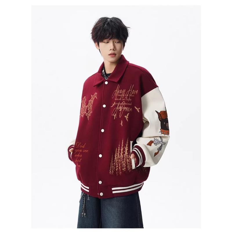 Men S American Style Loose Thick Red Baseball Jacket