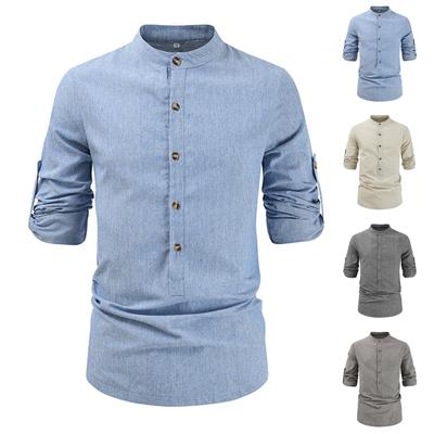 Men's Casual Fashion Long Sleeve Shirt Men's Stripe Stand Collar Button Long Sleeve Shirt