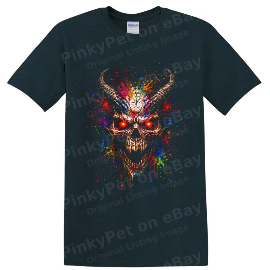 Demon Skull T Shirt w/ Neon Paint Splatter Gothic Horror Art Graphic Tee Print