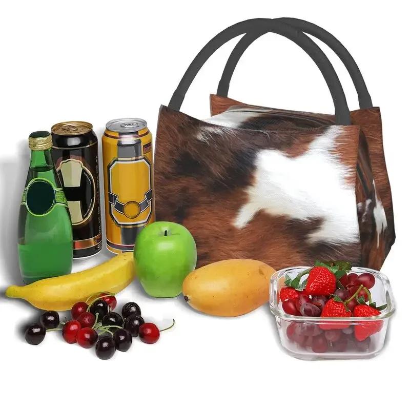 Cowhide Leather 3D Printing Resuable Lunch Box Women Waterproof Animal Fur Texture Thermal Cooler Food Insulated Lunch Bag