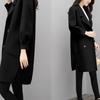Petite Women's Mid-Length Lantern Sleeve Black Wool Coat - 2025 Korean Style for Autumn and Spring