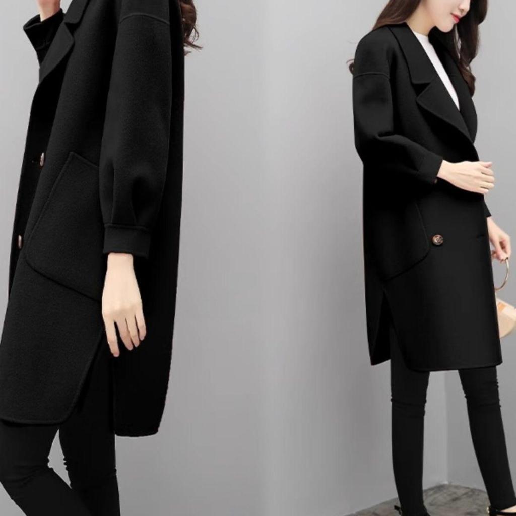 Petite Women's Mid-Length Lantern Sleeve Black Wool Coat - 2025 Korean Style for Autumn and Spring