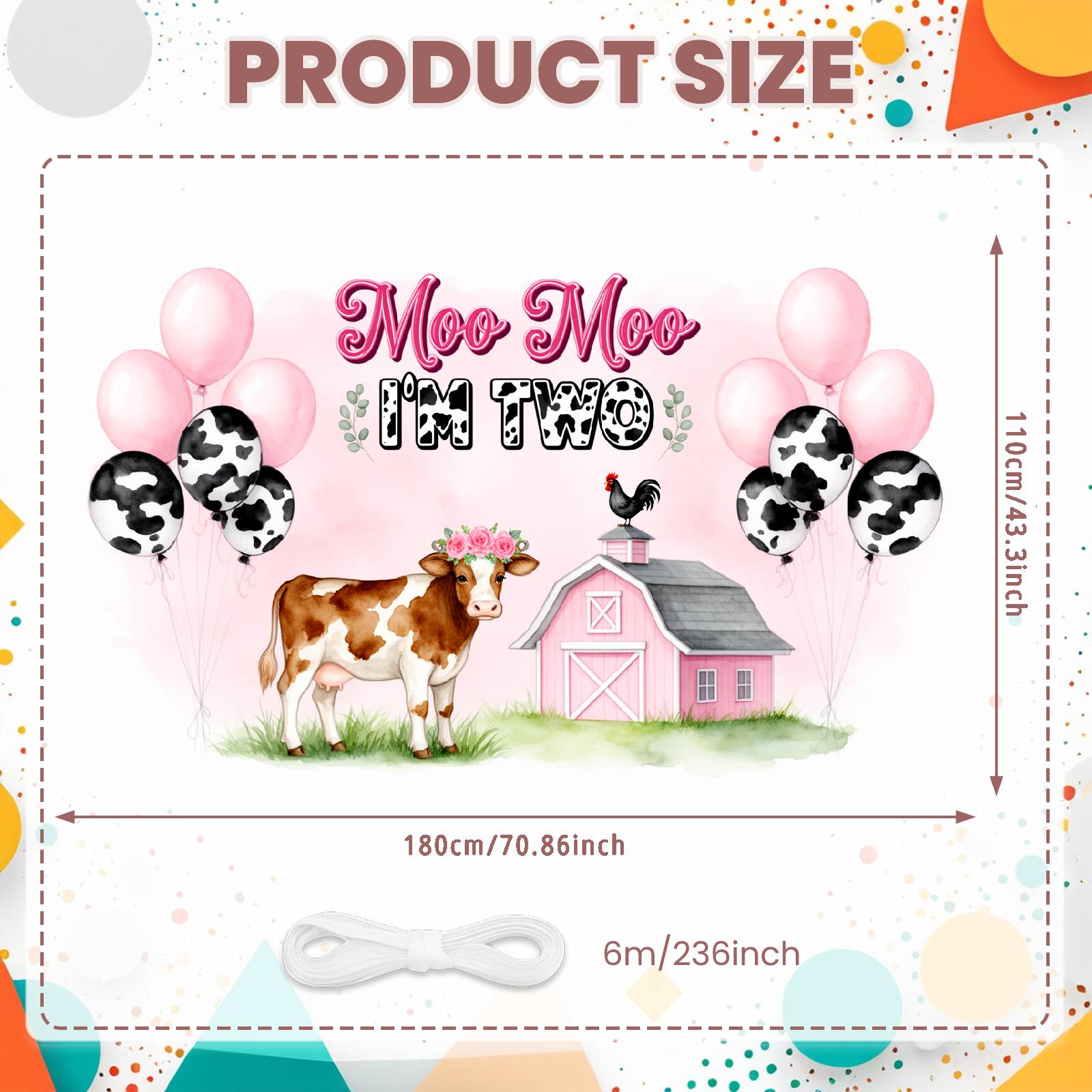 Farm Birthday Display Cow Pattern 2nd Birthday Banner Cow Party Backdrop Pink Balloons Barnyard Celebration Banner For Outdoor