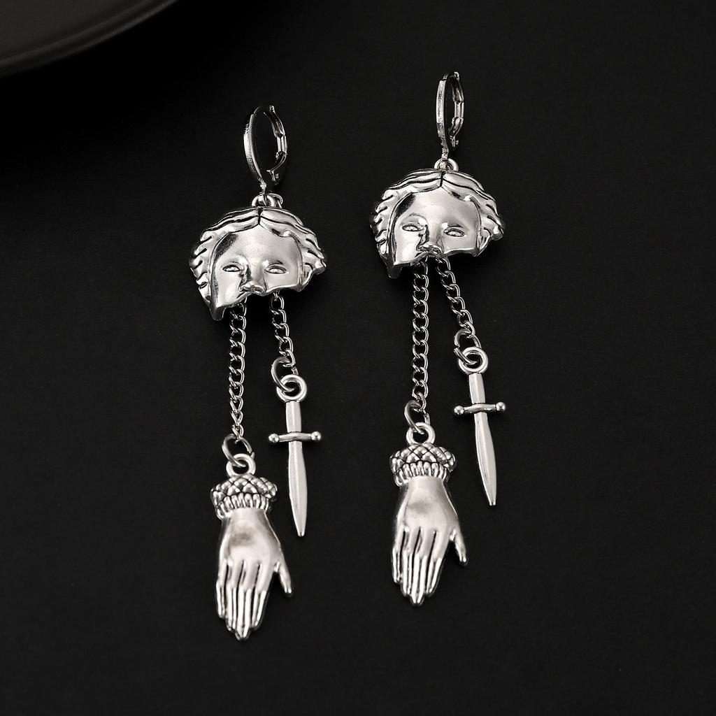 Gothic Punk Metal Retro Silver Color Earrings Sword Ghost Hand Pirate Skull Tassel Earrings Women's Halloween Accessories