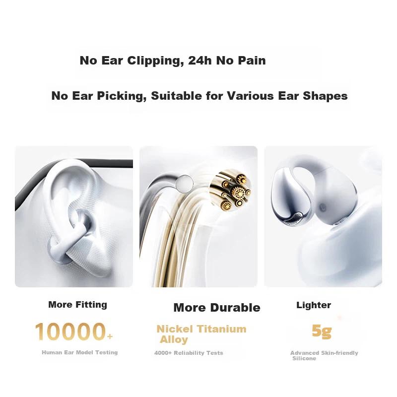 QCY Ear Clip Headphones, Open-Ear Wireless Bluetooth Earphones, With Long Battery Life, Silver Color, Type-C Charging