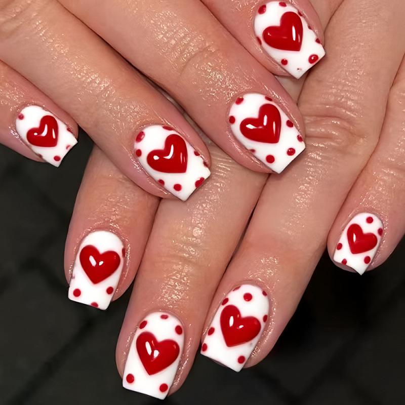 Valentine s Day Red Heart Polka Dot Shiny Medium-Length Square Detachable False Nails, 24 Pieces.