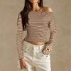Damen Lässiges Gestreiftes Off-Shoulder Langarm T-Shirt Geripptes Strick Slim Fit Top Leichter Dehnbarer Stoff Bequem zu Tragen