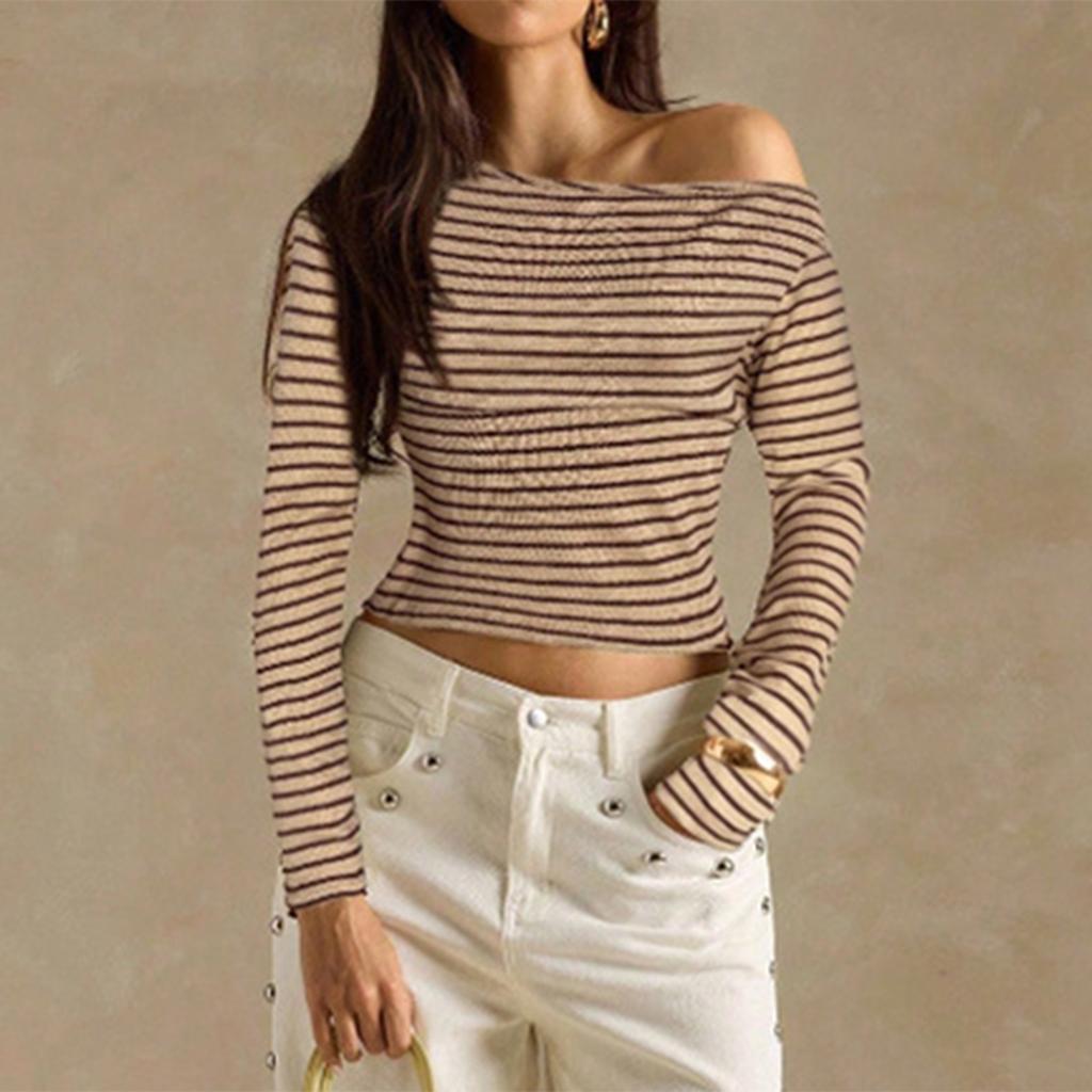 Damen Lässiges Gestreiftes Off-Shoulder Langarm T-Shirt Geripptes Strick Slim Fit Top Leichter Dehnbarer Stoff Bequem zu Tragen