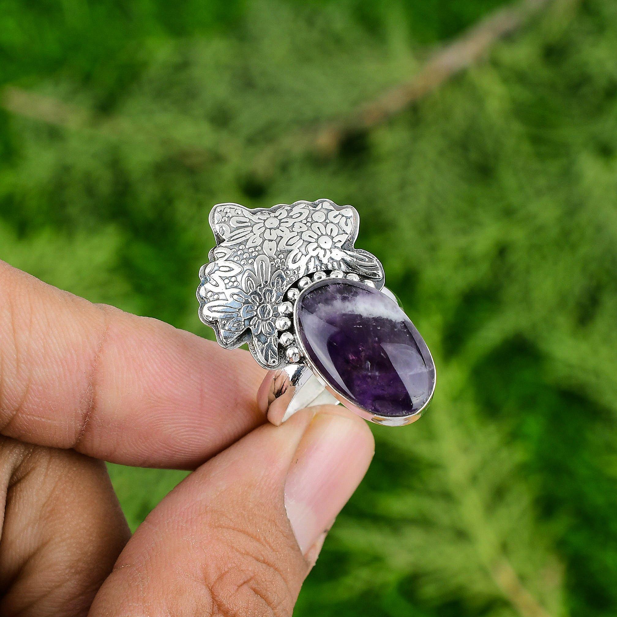 

Sterling Silver Chevron Amethyst Stone Ethnic Stackable Elegant New Ring Jewelry Adjustable