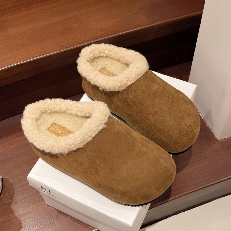 Fashion Winter New Baotou Slippers Women's Fashion Round Head Deep Mouth Suede Anti-slip Wear-resistant Flat Shoes