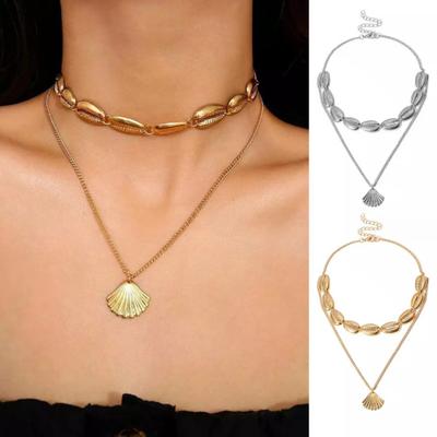 Women Necklace Double Layers Seashell Pendant Hollow Chain Ethnic Style Stainless Neck Decoration Jewelry Party Beach Clavicle Necklace