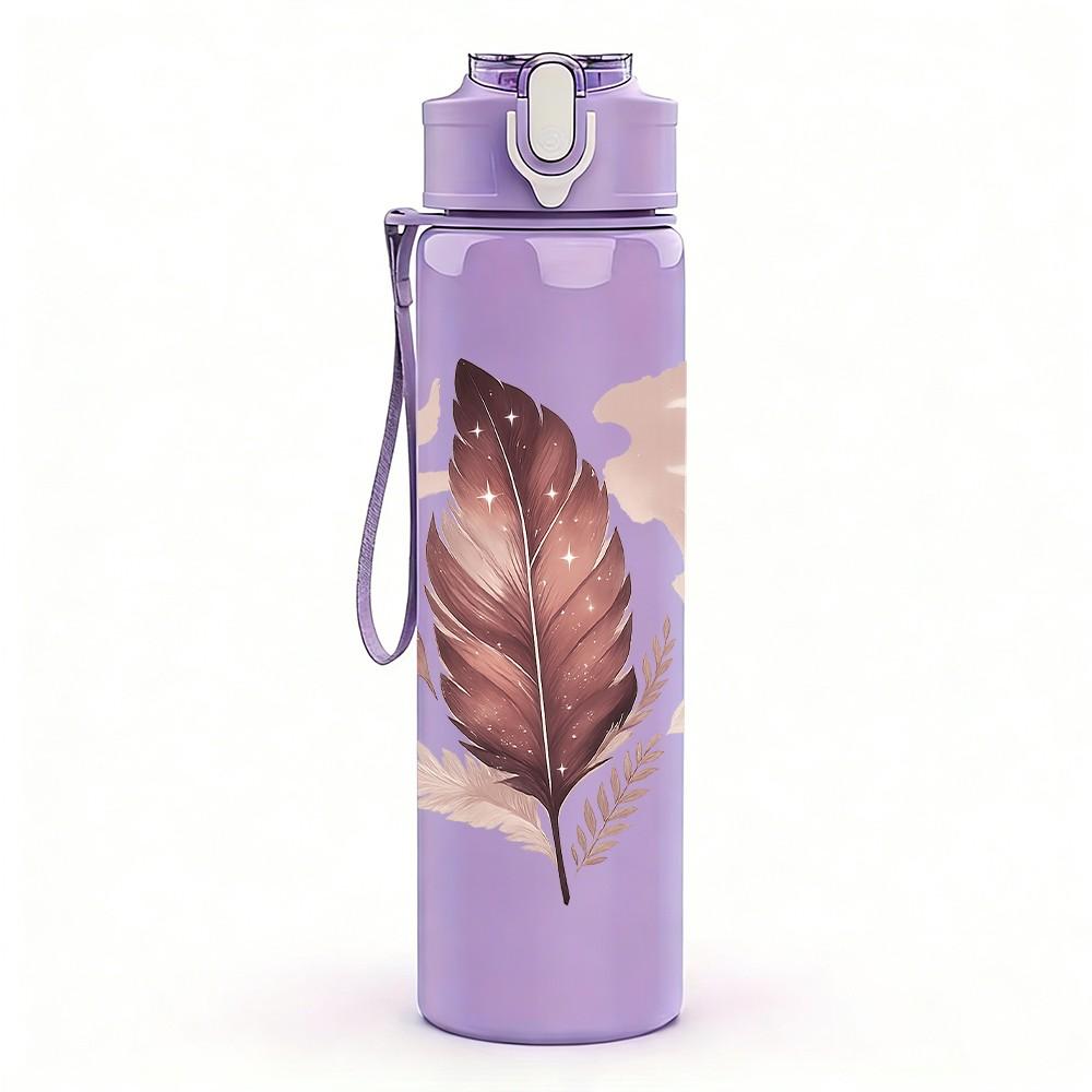 1PC Single Dried Feather Print 750ml Color Plastic Sports Water Bottle Leakproof Flip Straw Lid Suitable for Sports Office Home Use