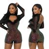 C7055 European & American Sequin Deep V Long Sleeve Mini Dress - Women's Fashion