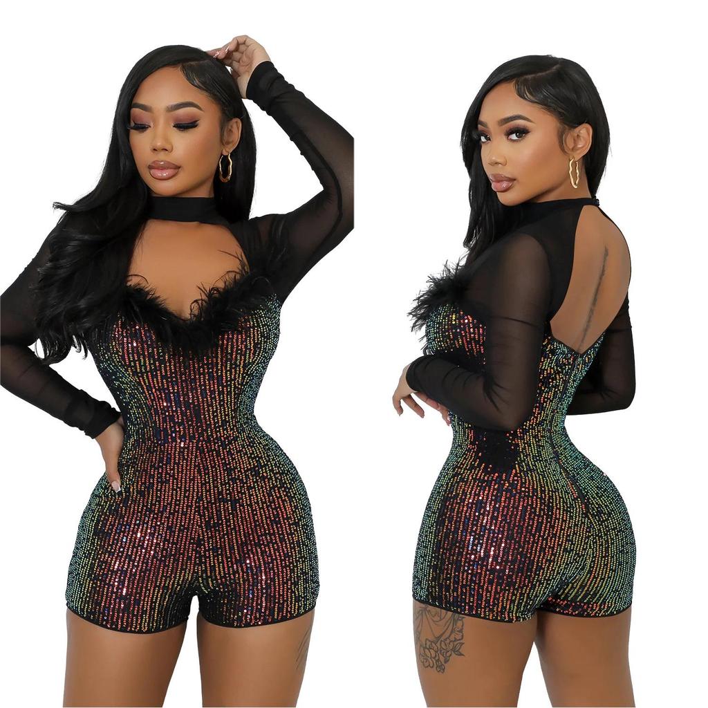 C7055 European & American Sequin Deep V Long Sleeve Mini Dress - Women's Fashion