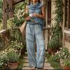 Relaxed Fit Drawstring Pants Women Top 2-Piece Set, Summer Ruffle Mock Neck Sleeveless Lightweight Outfits & Plaid Wide Leg Pants, Vintage Loose