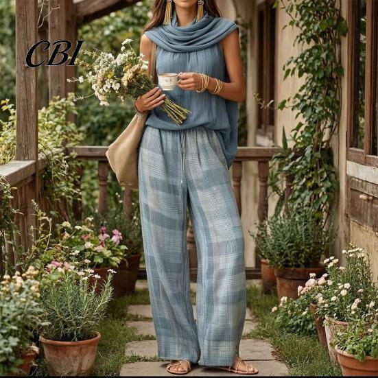 Relaxed Fit Drawstring Pants Women Top 2-Piece Set, Summer Ruffle Mock Neck Sleeveless Lightweight Outfits & Plaid Wide Leg Pants, Vintage Loose