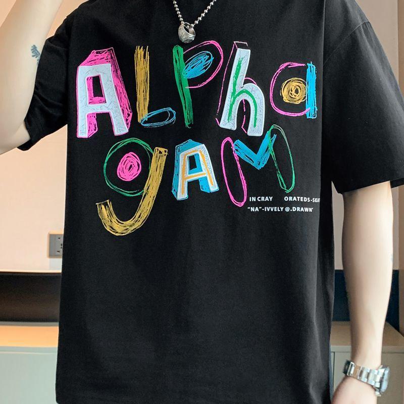 

American Men s New Summer Short-sleeved T-shirt Loose Printed Round Neck Letter Trendy Casual Versatile Half-sleeved Top 4XL чорний