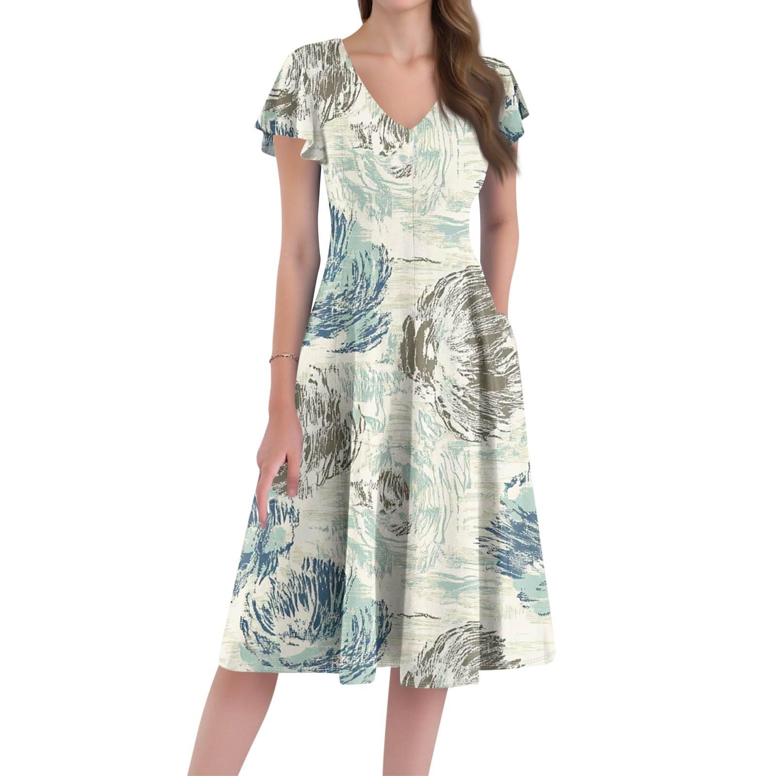 

A Casual And Fashionable V-Neck Short-Sleeved Medium-Length Dress With Floral Prints For Women M зелений