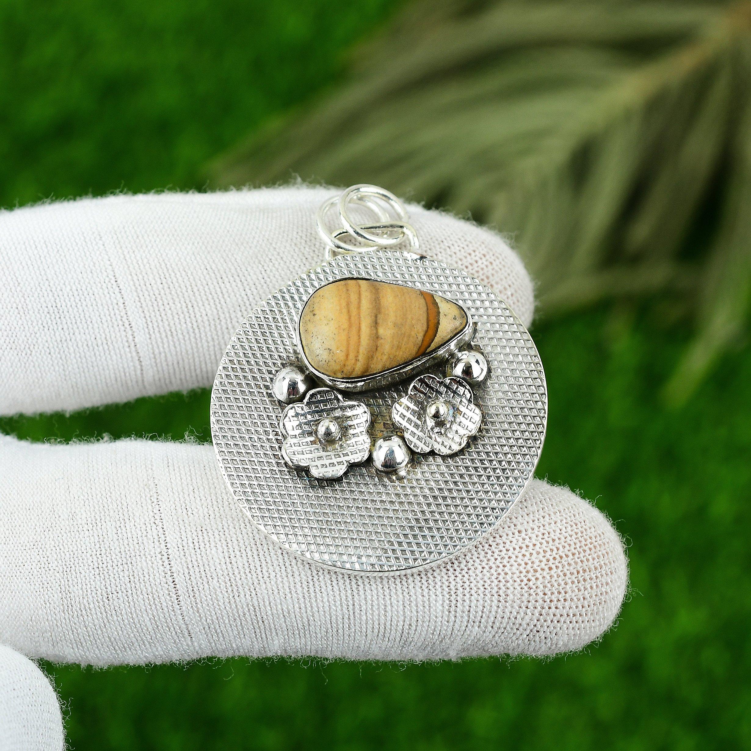 Wedding Gift For Her 925 Sterling Silver Natural Picture Jasper Gemstone Pendant