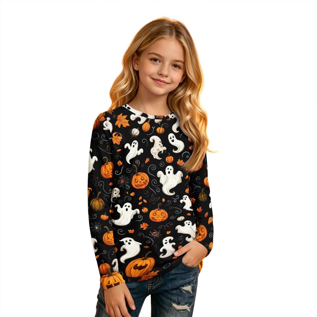 Children's Halloween Print Long Sleeve Neck T-Shirt for Boys Girls