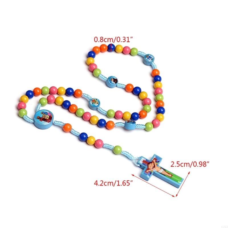 62KD Colorful Beaded Pendant Necklaces for Boy Girl Children Long Rosary Prayer