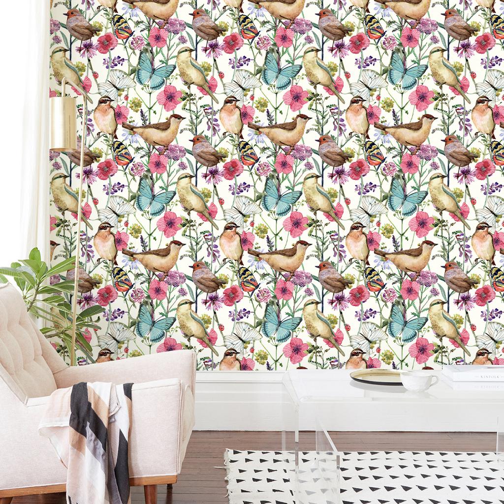 1 Stück Bunte Vögel & Schmetterlinge Abziehen und Aufkleben Tapete Vintage Floral Abnehmbar Selbstklebend Bedrucktes Papier für Heimdekoration