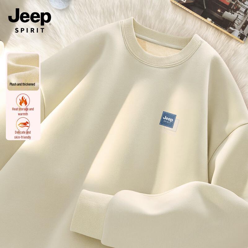 JEEP SPIRIT Men's 2025 Autumn/Winter Fleece-Lined Loose Fit Round Neck Sweatshirt
