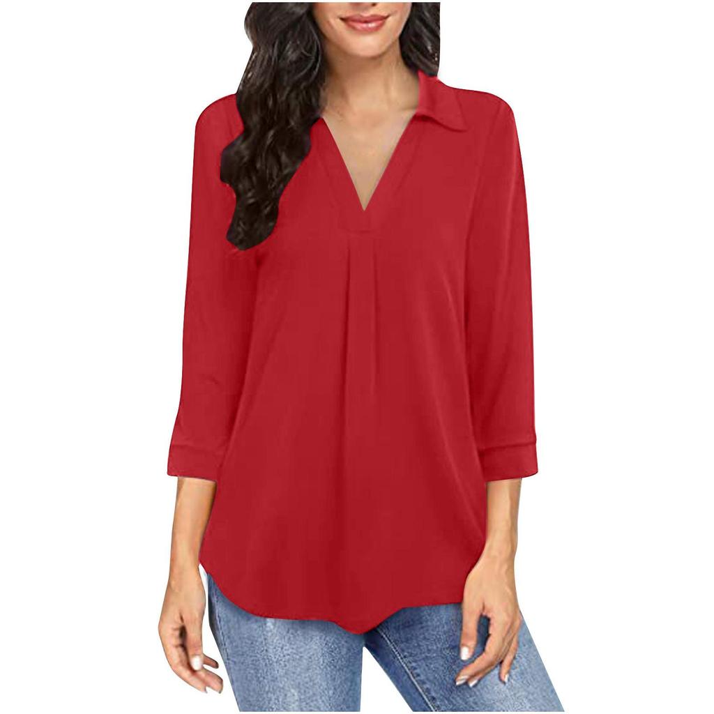 Elegant Women's Clothing Patchwork Solid-color V-neck Three-quarter Sleeve Shirt